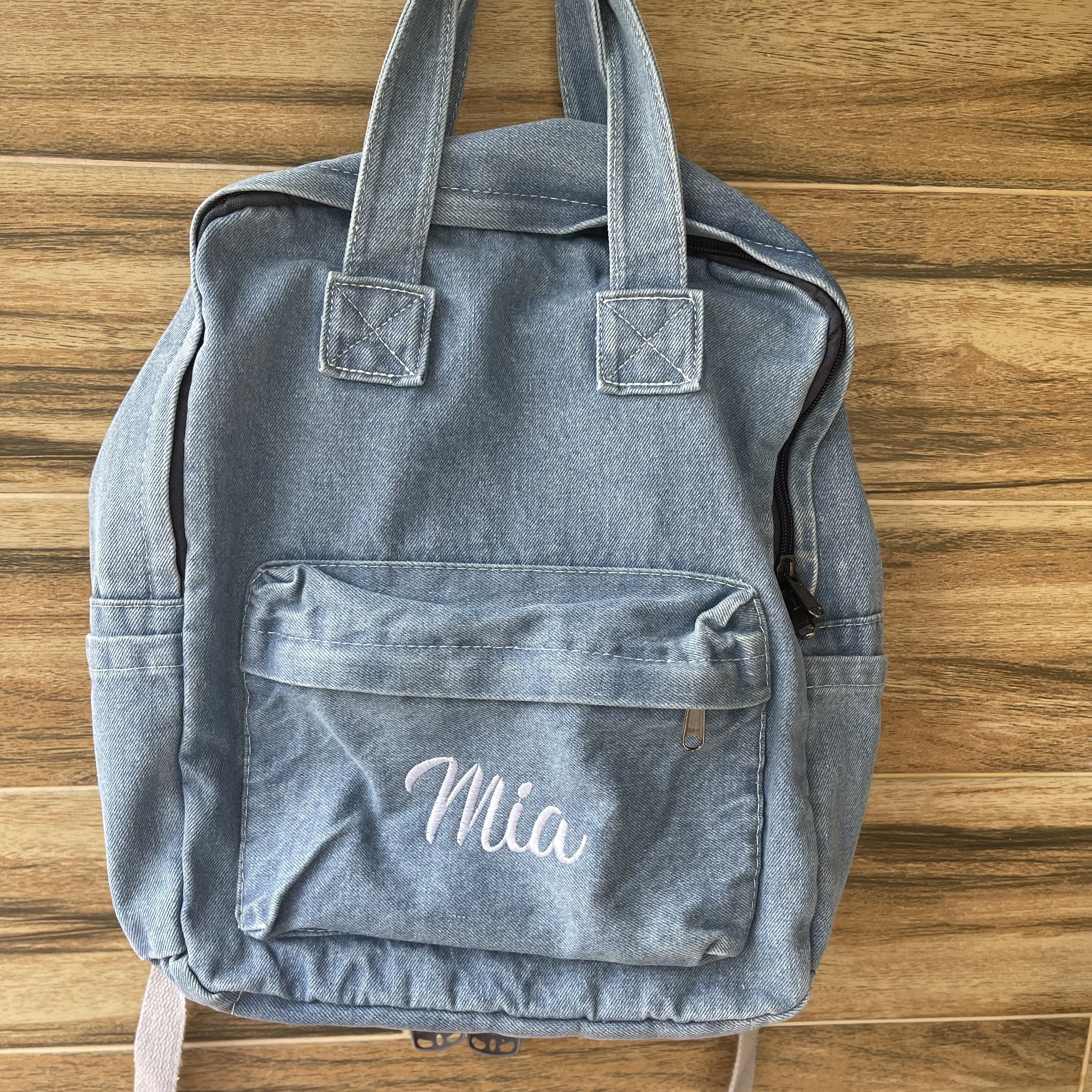 Customized New High School Student Backpack With Any Name, Simple Denim Backpack, Embroidered Large Capacity Backpack