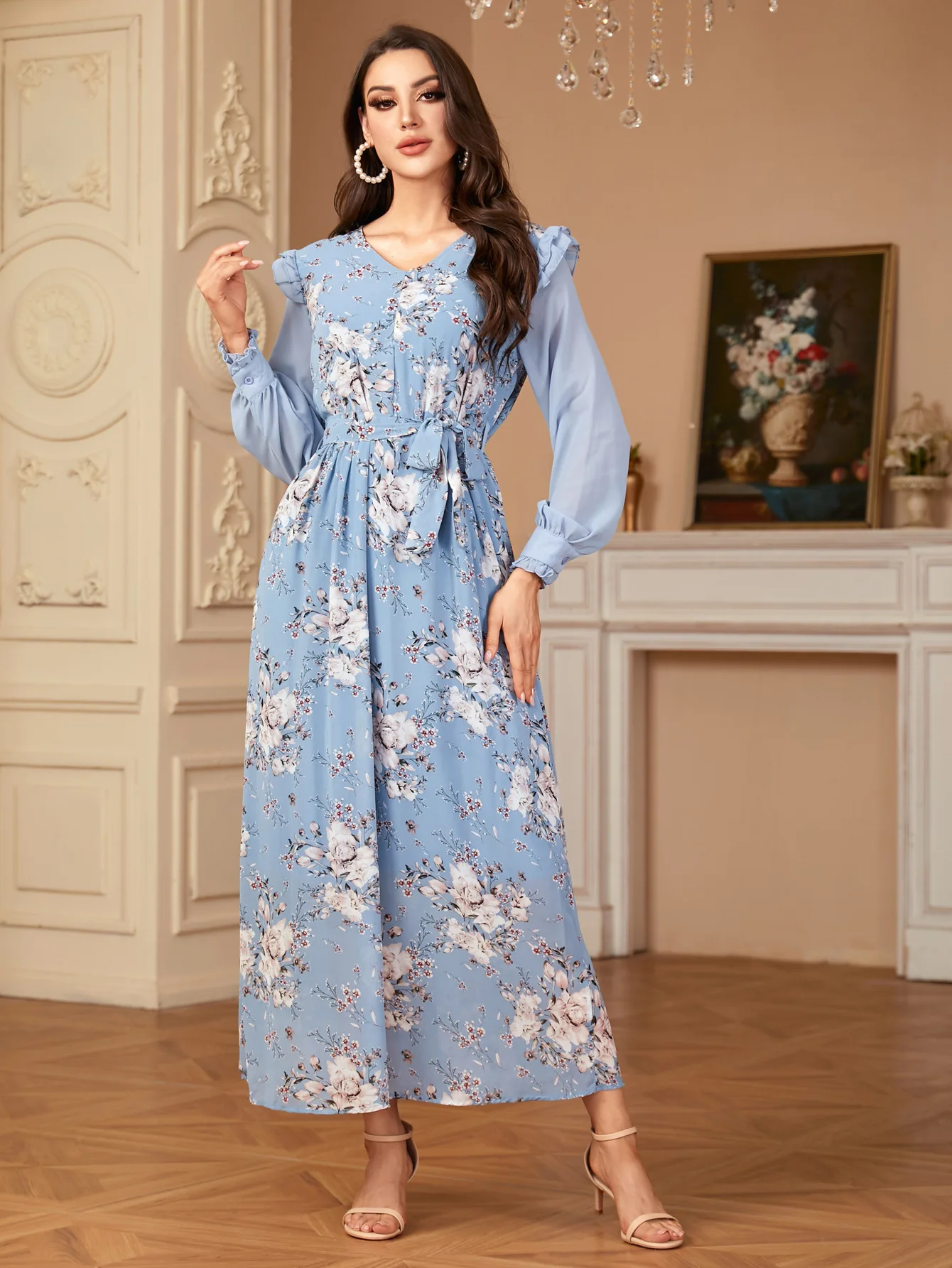 

2024 Women Elegant Floral Print Muslim Abaya Dress Fashion Holiday Robe Casual Long Sleeve Maxi Sundress Islamic Hijab Vestidos