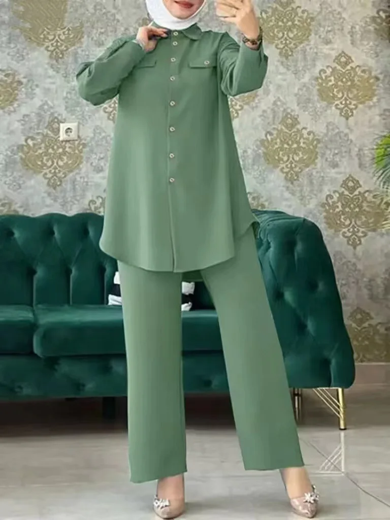 Chemisier et pantalon à boutonnage simple pour femmes musulmanes, chemise boutonnée de ceinture, pantalon à jambes larges, ensemble arabe Ramadan, Eid, 2 pièces