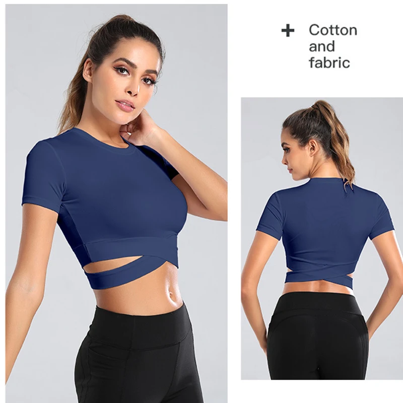 Aiithuug Sexy Waist Yoga Short Sleeve Crisscross Waist Breathable Gym Shirts Sports Tops Workout Fitness Crop Top Yoga Top