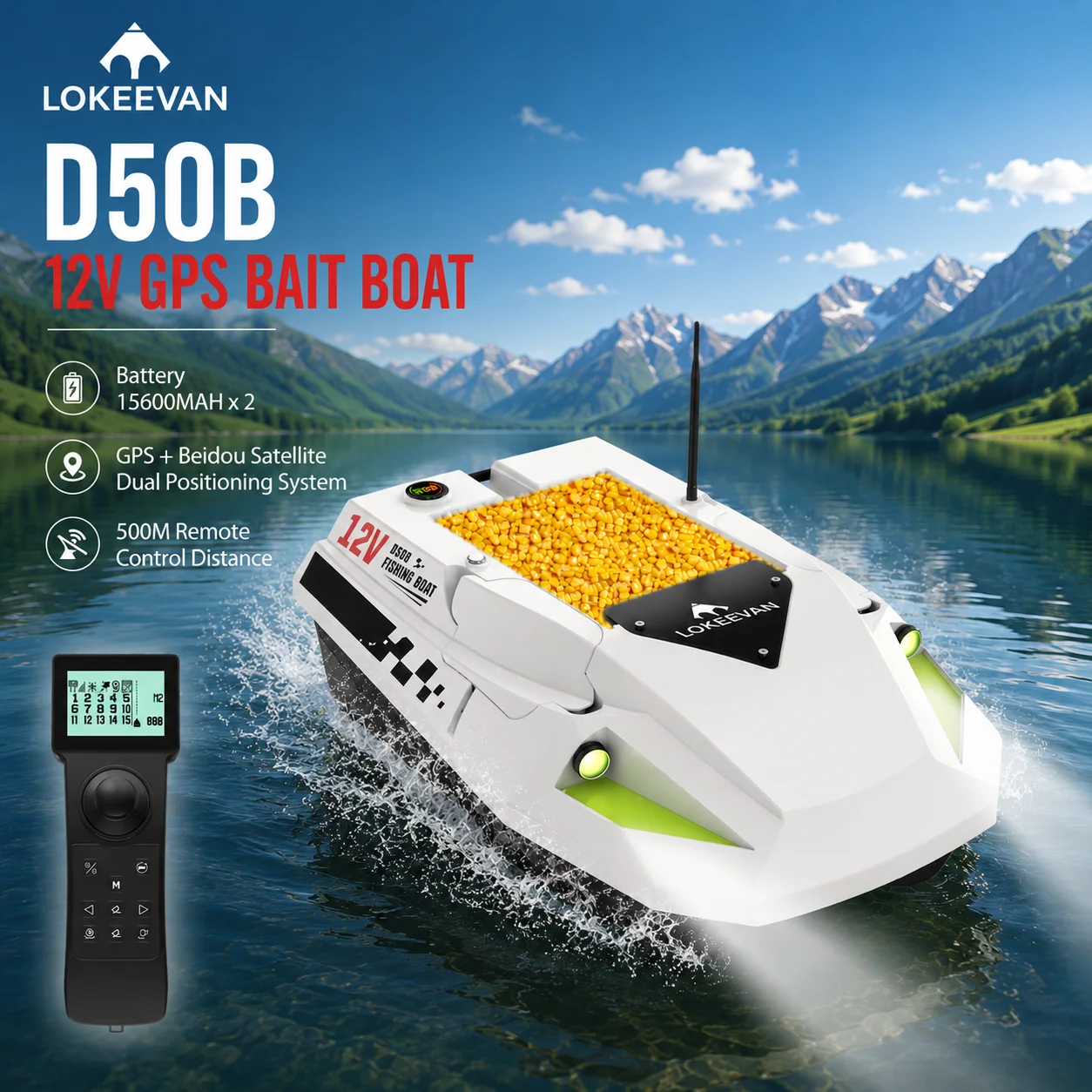 Bateau à appâts GPS LOKEEVAN D50B, alimentation 12V, 15600*2 mAh, système de positionnement double GPS+Beidou par satellite, télécommande 500m, bateau de pêche, 100 points de positionnement, télécommande sans fil 2.4G
