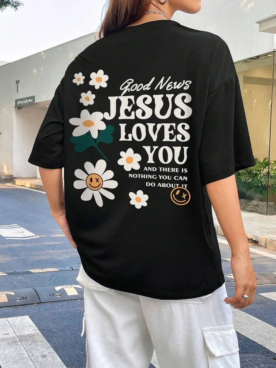 Good News Jesus Loves You Print Women T-Shirt Summer O-Neck T Shirts Basic All-Match Short Sleeve Breathable Comfortable Tops