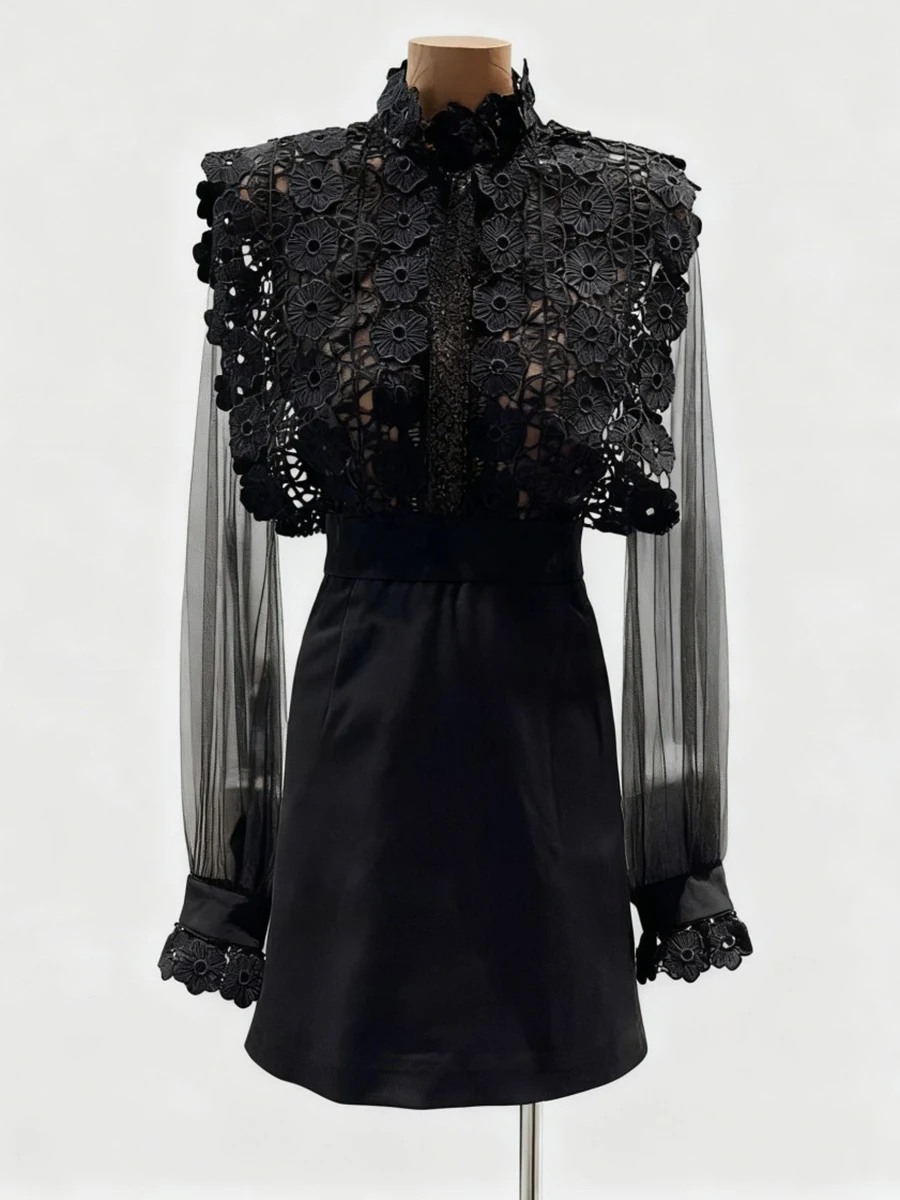 TWOTWINSTYLE スリミング シアー スプライス刺繍 ファッション ミニドレス レディース ラウンドネック 長袖 ハイウエスト ワンピース 女性用