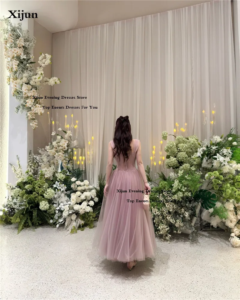 Xijun rosa vestidos de noite uma linha babados tule vestidos de baile cinta espaguete estilo coreano tornozelo comprimento vestidos de baile personalizado