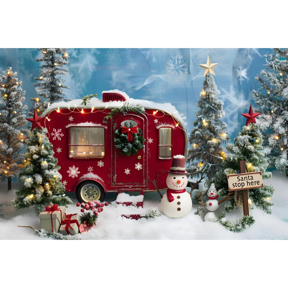 Christmas Forest Snow Scene Photography Background Retro Truck Xmas Tree Backdrop Candy Cane Gift Decor Family Photo Studio