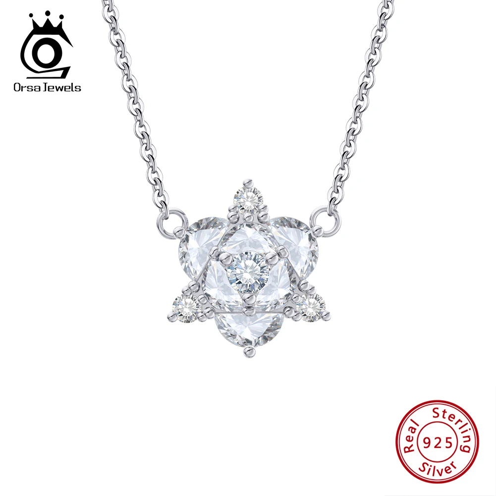 

ORSA JEWELS Shiny Zircon Snowflake Pendant Necklace S925 Silver Women Fashion Sparkling White Zircon Neck Chain Jewelry SN345