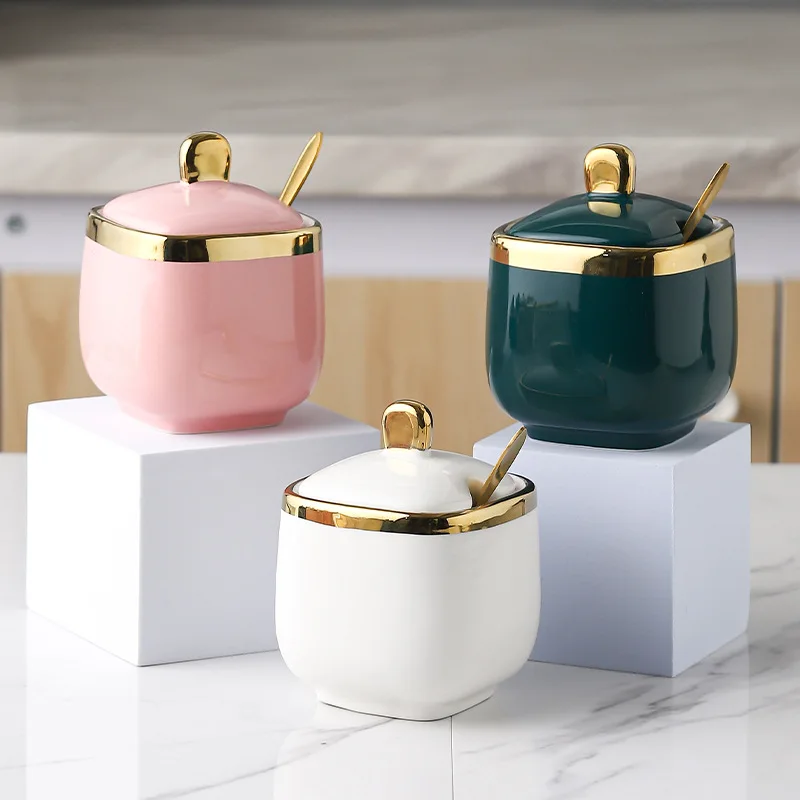 Gold-plated Ceramic Seasoning Jar with Lid Spoon Household Sugar Bowl Chili Box Jar Kitchen Food Container Spice Organizer Rack