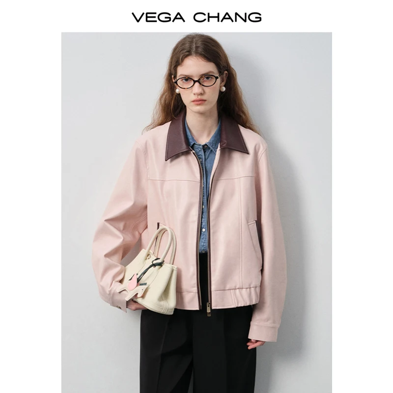 

Vega Chang Faux Leather Jacket for Women, New Autumn and Winter Color-Blocked Lapel Drop Shoulder Sleeve Jacket