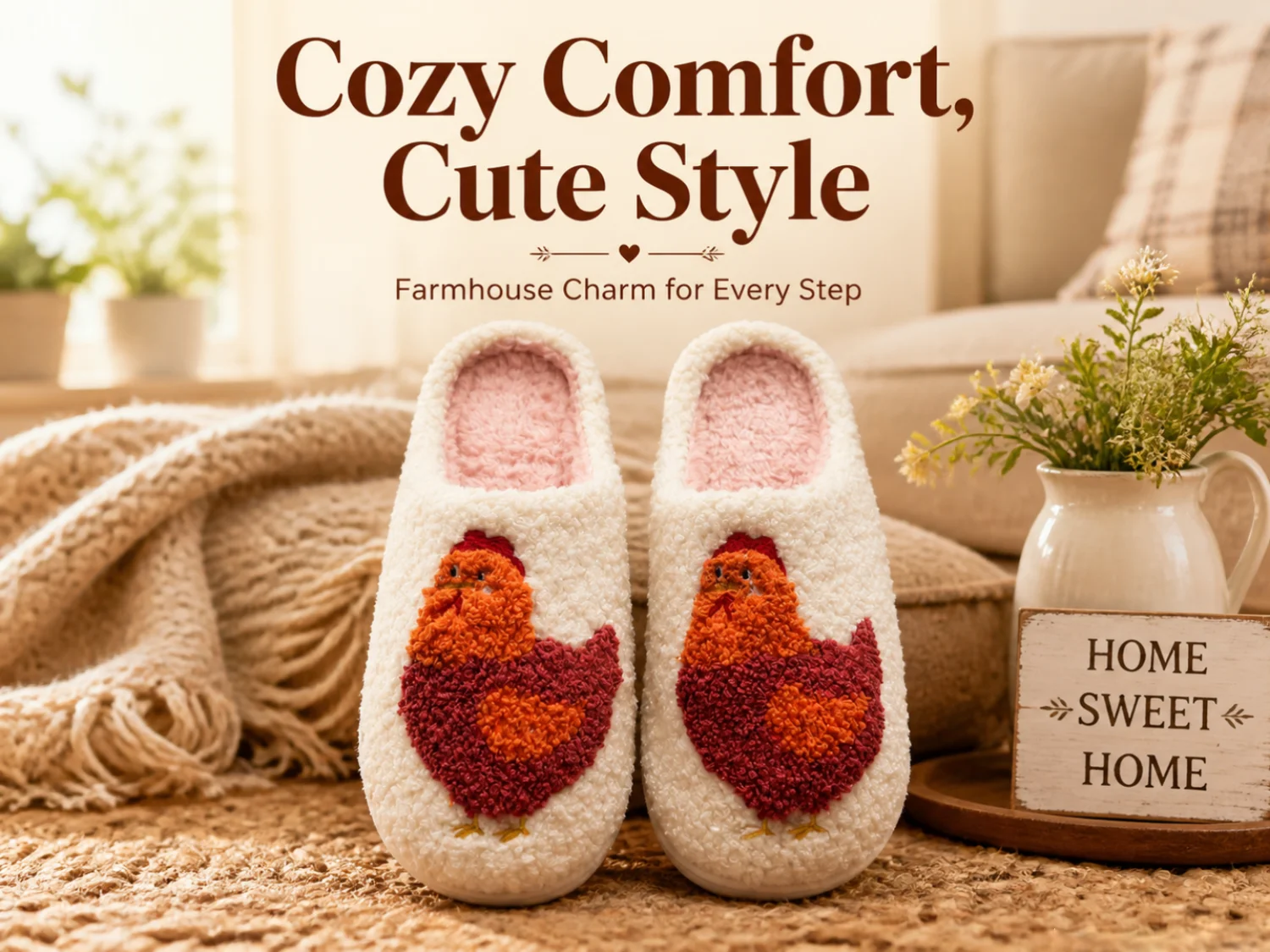 New Autumn and Winter Cartoon Chick Embroidered Plush Slippers for Women, with Added Fleece and Thickened for Warmth, Non-Slip Soft Sole, Cute Animal Pattern Home Indoor Cotton Slippers