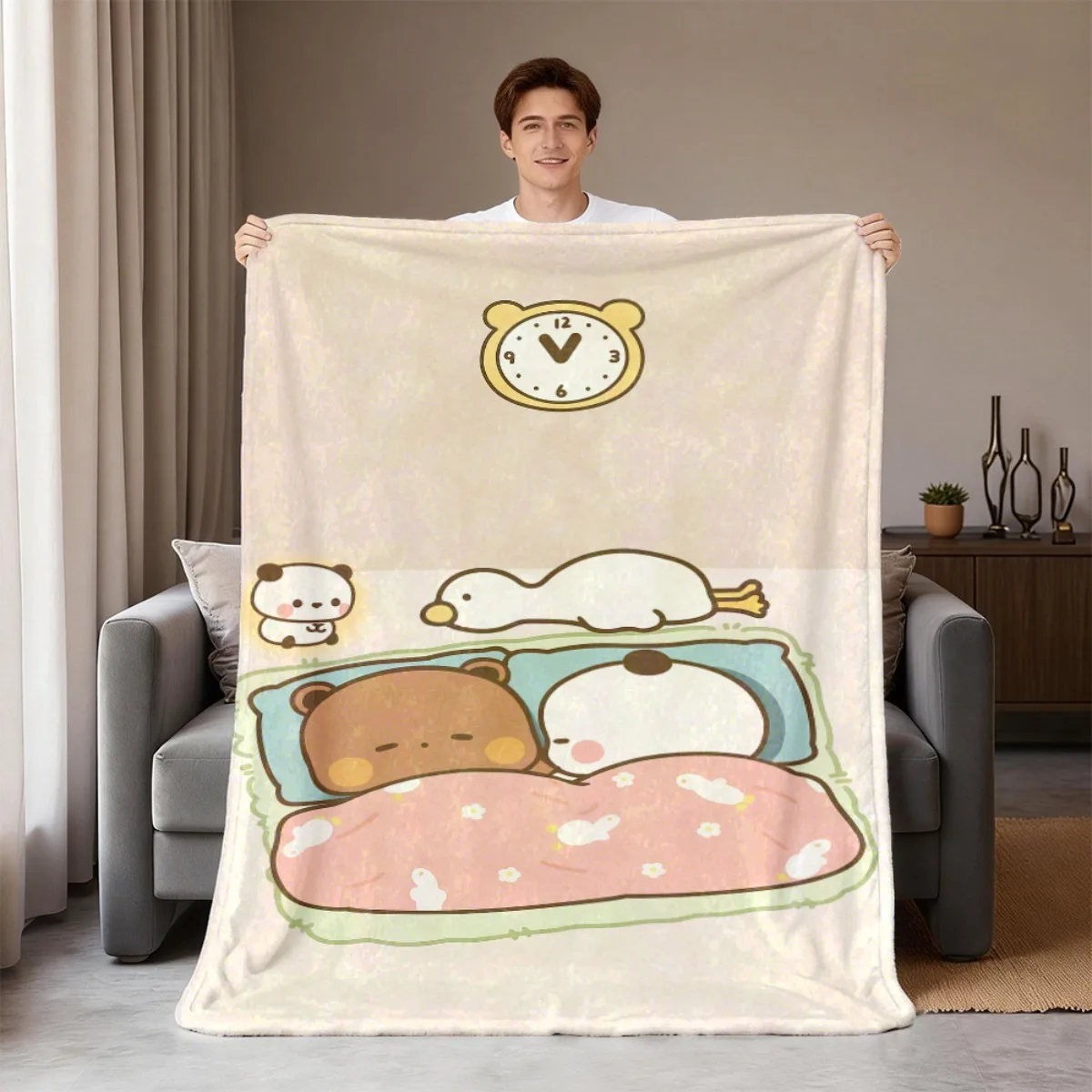 Cartoon Nap Animals Flannel Blanket, Lovely Bear Panda Duck Sleeping Pattern Lightweight Throw Blanket for Bed Couch Daily Use