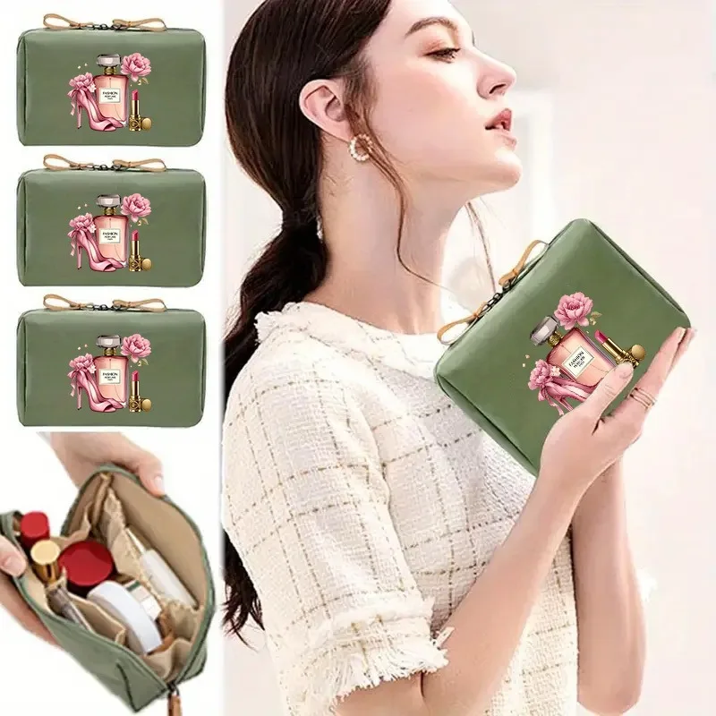 Elegant Makeup Bag with Pink Floral Design, Zippered Storage Pouch for Lipstick, Powder, and Eyeshadow Brushes, Large Capacity Travel Toiletry Bag for Men and Women - Birthday, Wedding, Christmas Gift Ideas - Suitable for All Seasons, Stylish Storage Bag, Thoughtfully Crafted Storage Solution, Lightweight Storage Bag, for Beauty Enthusiasts, Valentine's Day Gift, Ramadan Gift, Spring Season