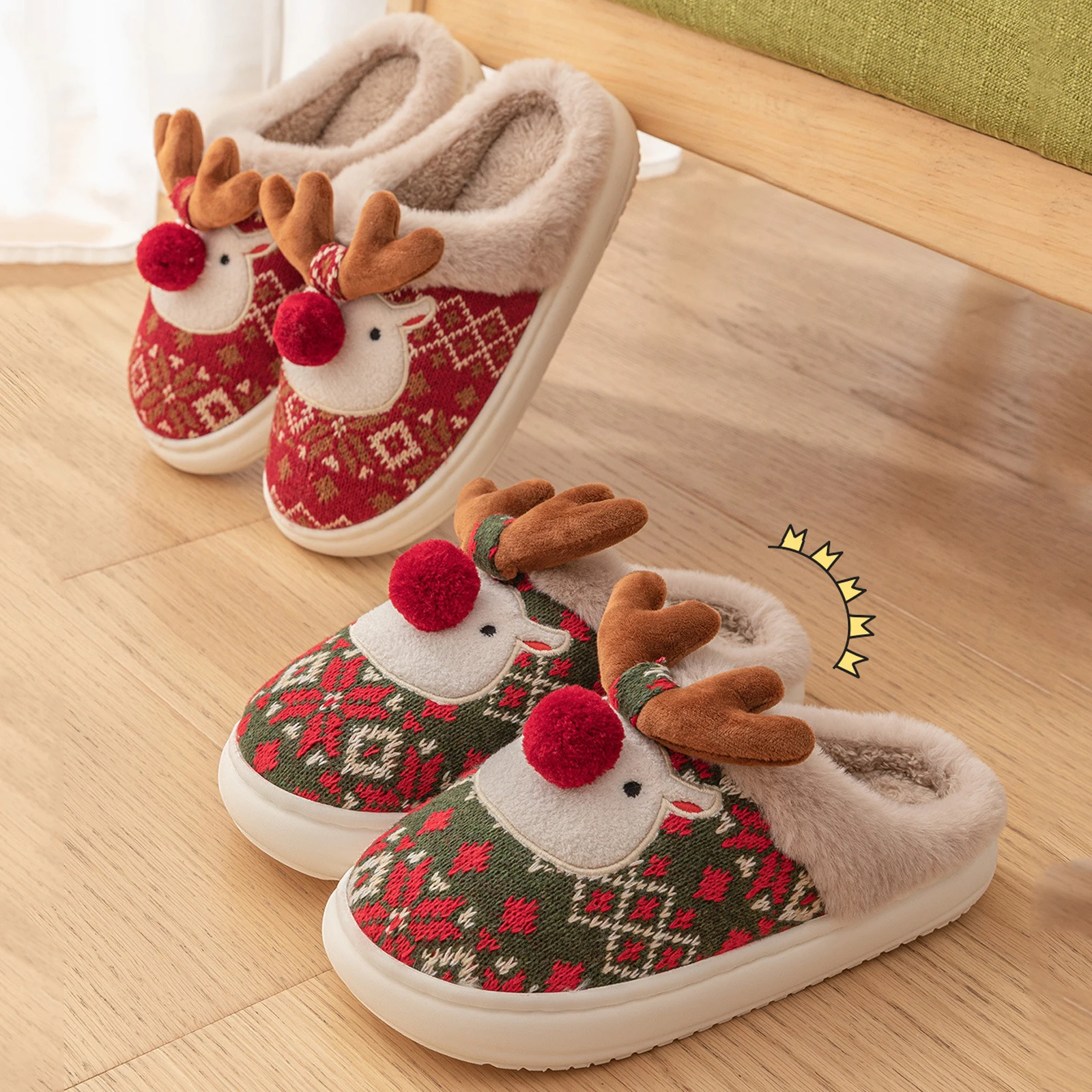 

Christmas Gift Elk Comfortable Furry Slippers Anti Slip Fluffy Home Slippers Thicken Soft Plush Slippers Gift for Friends