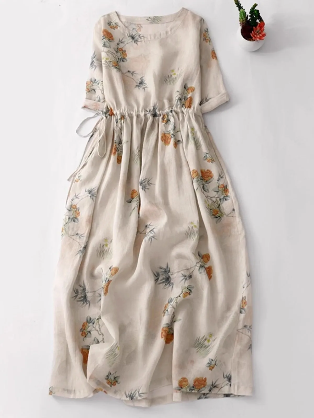

French Style Retro Floral Print Women Dresses 2025 New Summer High Quality Elegant Party Dress Drawstring Female Beach Sundress