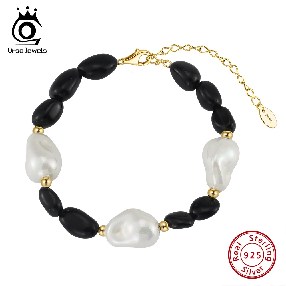 

ORSA JEWELS New Irregular Baroque Pearl Chain Bracelet 925 Sterling Silver Rice Shaped Obsidian Bracelet for Women Jewelry GMB63