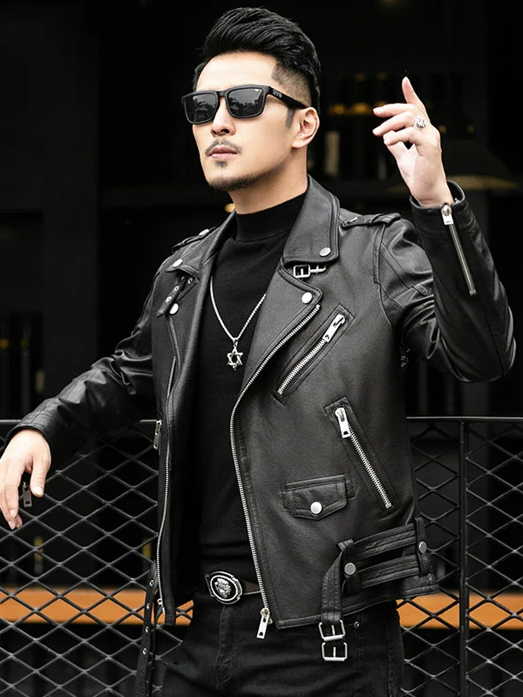 Biker Jacket Men Zipper Long Sleeve Plus Size PU Leather Jackets Business PU Leather Coat Spring Autumn Short Cool Black Leather