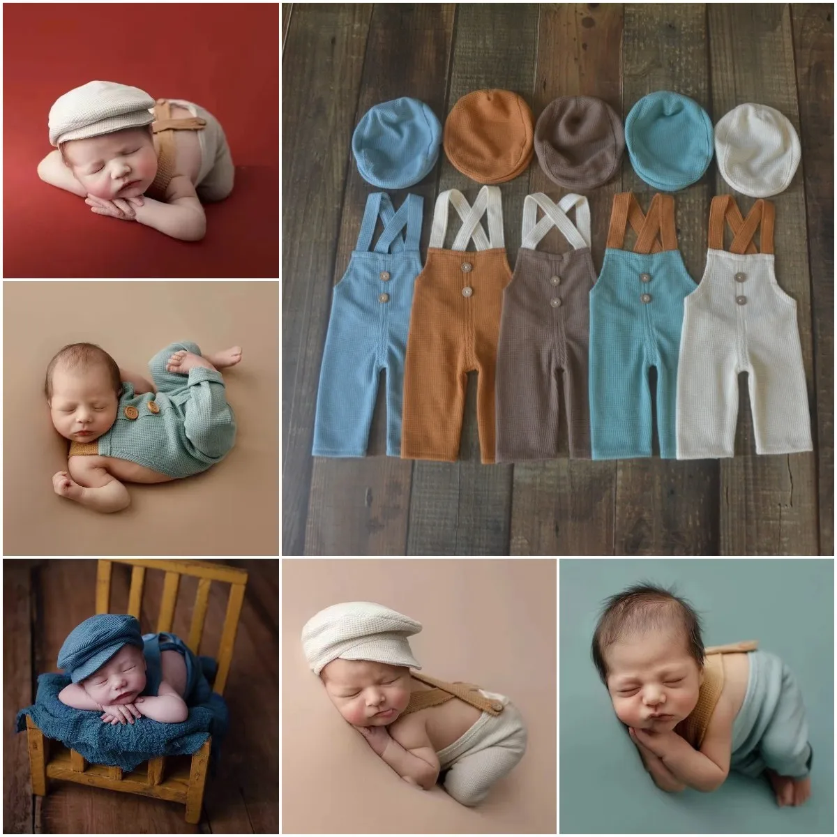 2pcs/set Newborn Boys Photoshoot Clothes Cute Solid Infant Suspender Jumpsuit +Gentlemen Hat Baby Boys Photography Props Outfits