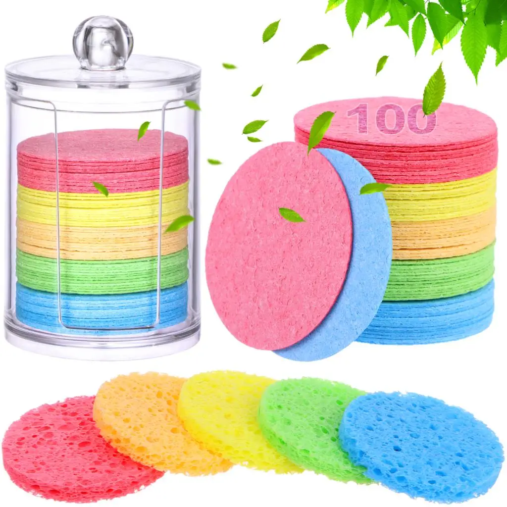 100pcs Natural Wood Pulp Sponge Cellulose Compress Cosmetic Puff Facial Washing Sponge Face Care Cleansing Makeup Remover Tools