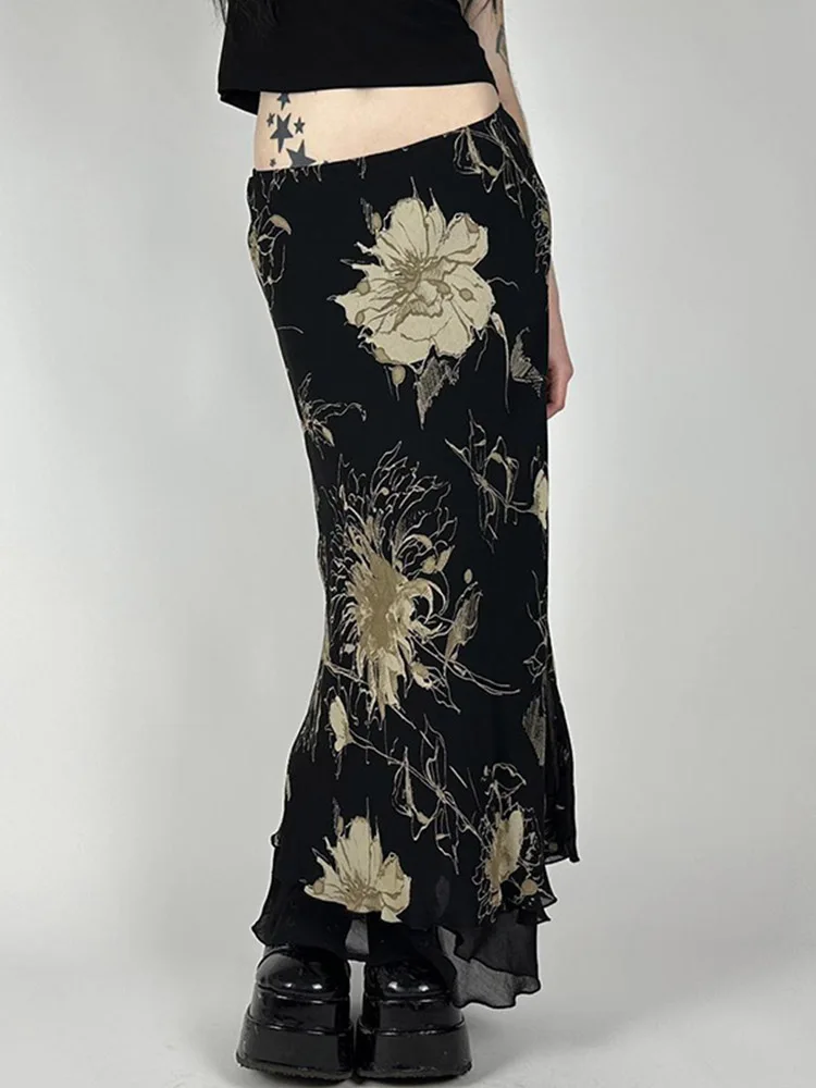 goth Y2K aestheics Double Layer Mesh A-line Skirt Women Fashion Florals Print Slim Skirts Fairy Streetwear Gothic