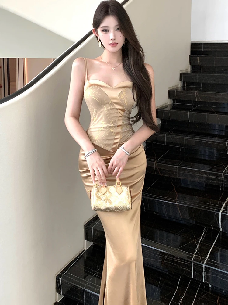 女性用エレガントサテンパッチワークジャカードセクシースリングドレス2025韓国ラグジュアリーパーティーイブニングドレスサマーボディコンフェスティバルドレス