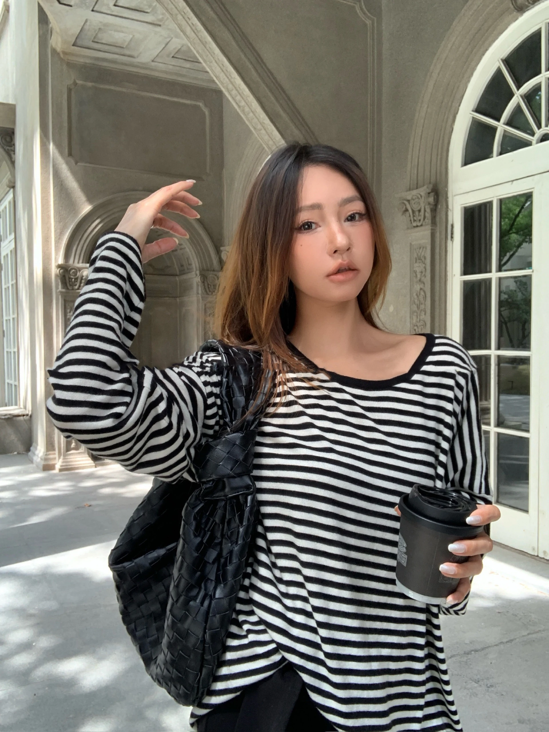 

Loose Fit Women's Long Sve Striped Base irt Comfortable Skin-friendly Knitted Top Faionable Lazy Sle Cotton T-irt