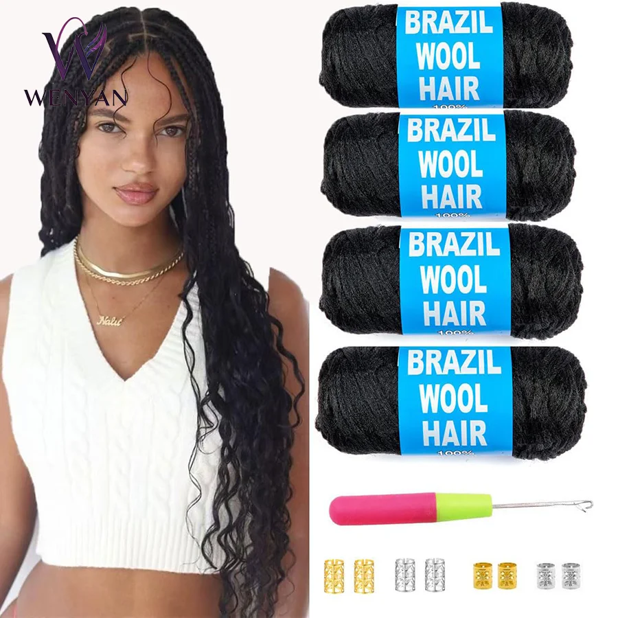 

4 Roll Natural Black Brazilian Wool Hair Acrylic Yarn Crochet Braids Faux Locs Twist Box Braids Twist Wraps Synthetic