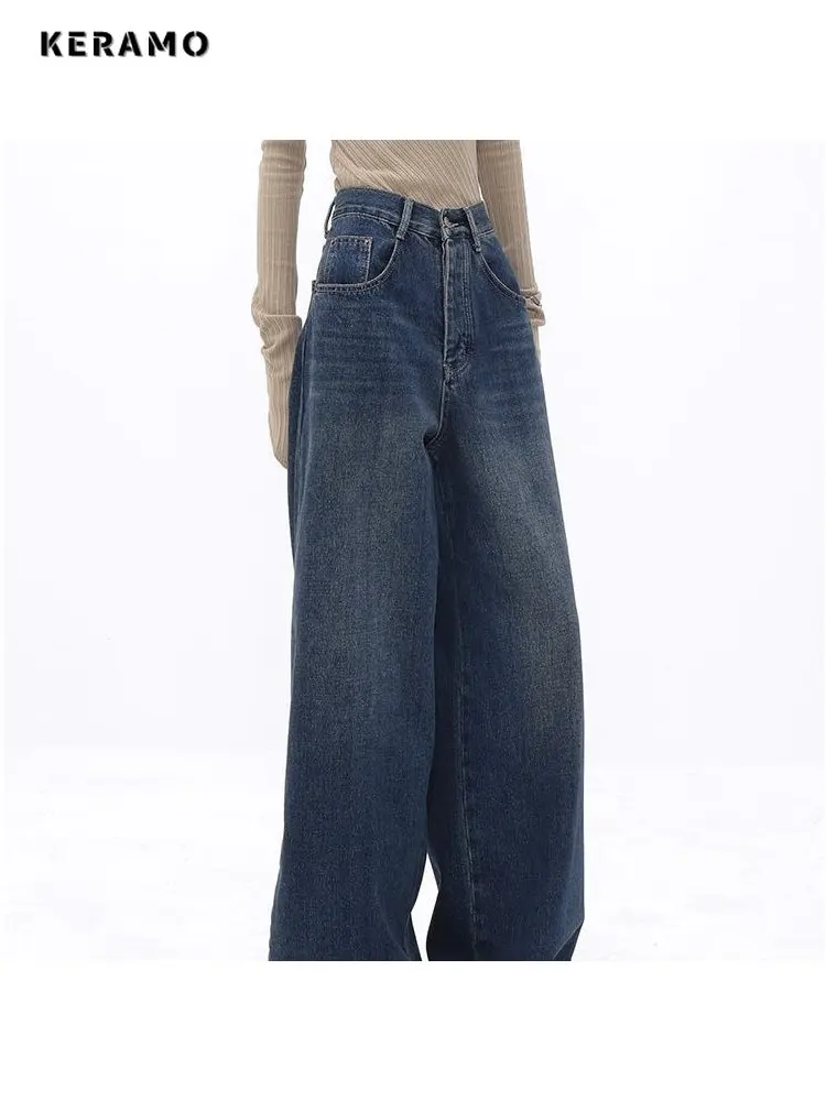 American Vintage High Waist Oversized Jeans Pants For Women Casual Baggy Y2K Wide Leg Grunge Streetwear Blue Denim Trouser