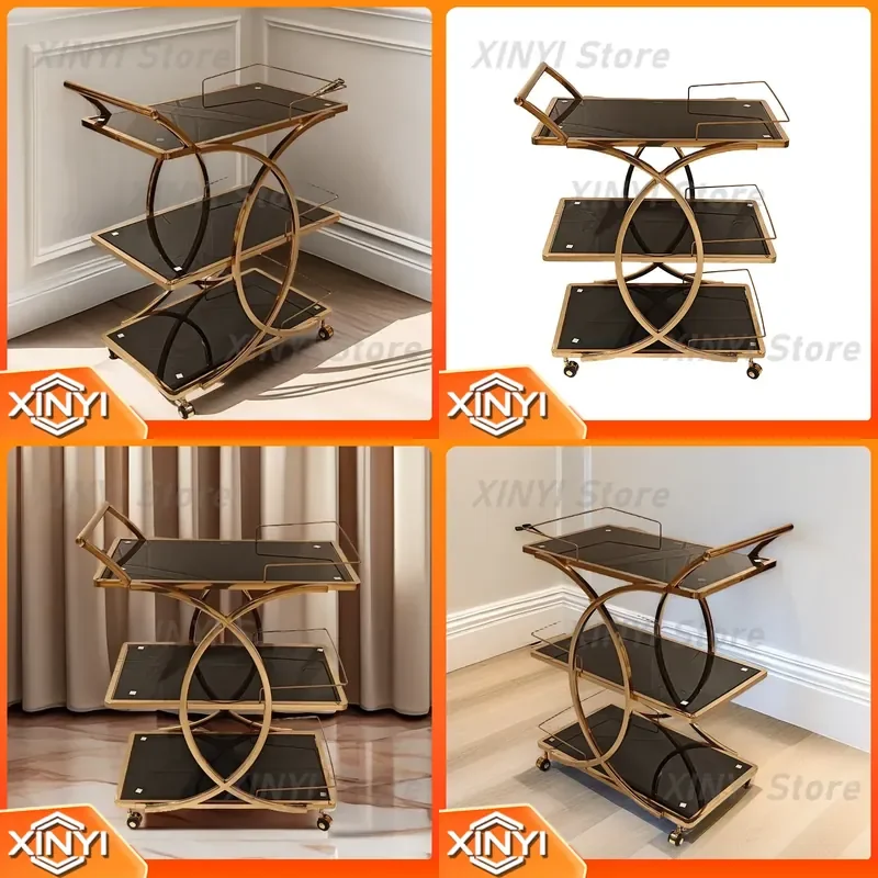 European Stainless Steel Rose Gold Three-Layer Cart with Tempered Glass for Hotel Lobby Dessert Cake Delivery Snack Dining