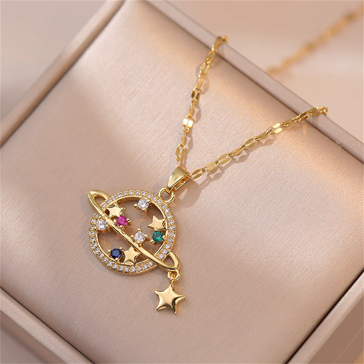 Stainless Steel Zircon Planet Star Pendant Necklace For Women Temperament Universe Moon Aesthetic Clavicle Chain Choker Jewelry