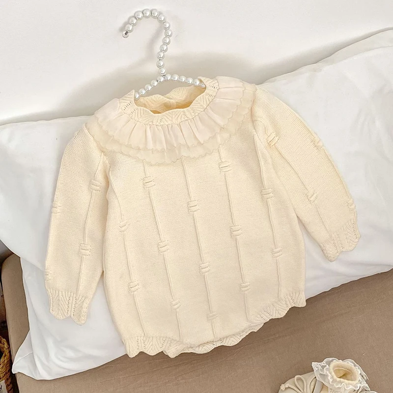 2025 New Autumn Baby Clothing Newborn Baby Girls Knitted Bodysuits Long Sleeved Solid Color Infant Baby Girls Knitted Jumpsuit