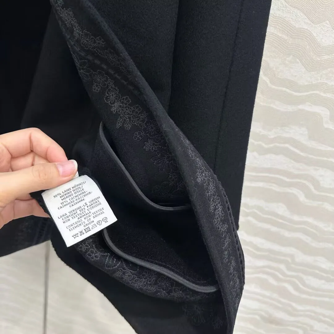 新しい冬ウールカシミヤ両面ウールロングコート女性花刺繍 O ネック長袖シングルブレストヴィンテージジャケット