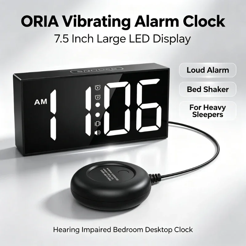 7.5 Inch Vibrating Alarm Clock LED Large Display Loud Alarm Bed Shaker for Heavy Sleepers Hearing Impaired