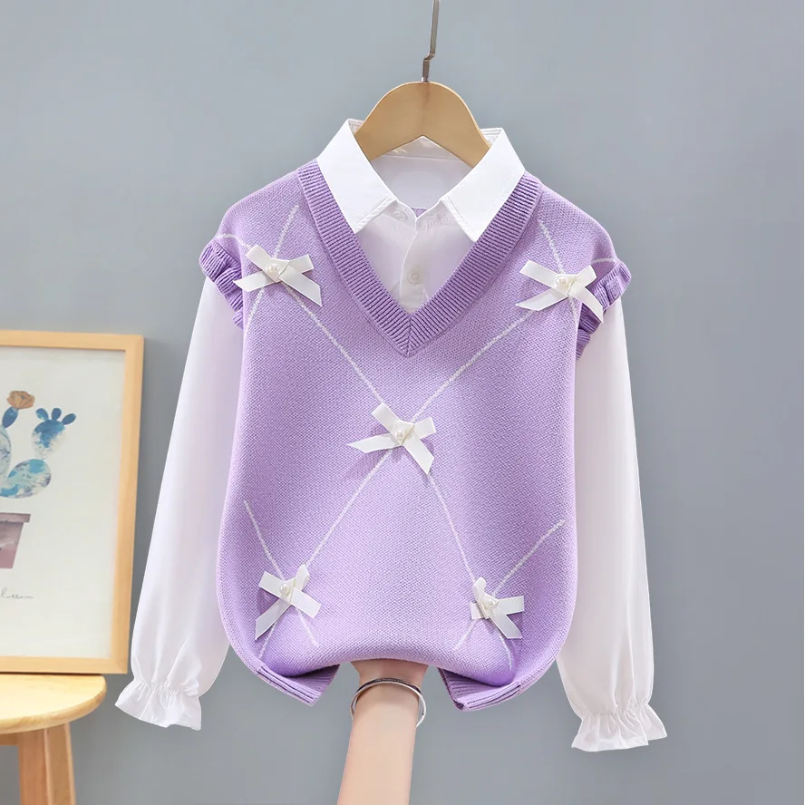 Pull en coton pour enfants, tricoté, chaud, à col rabattu, pour adolescentes de 4 à 15 ans, automne et hiver