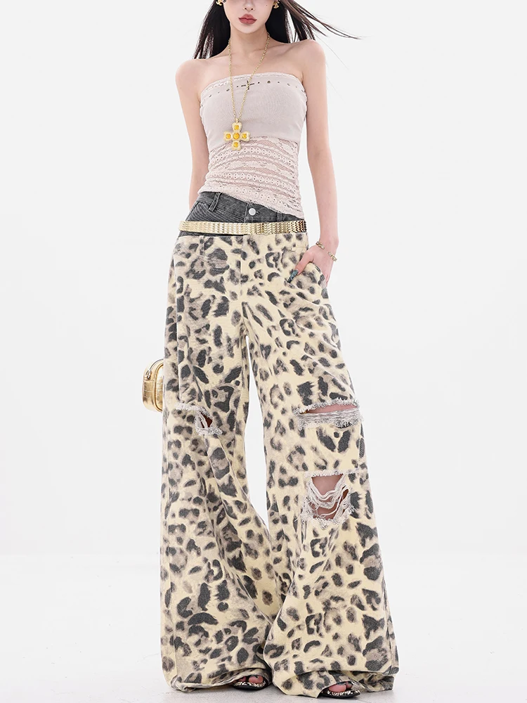 

ABWEAR Original Leopard Print High Waist Wide Leg Jeans Women Loose Fit Torn Denim Pants Casual Sle Digital Printing