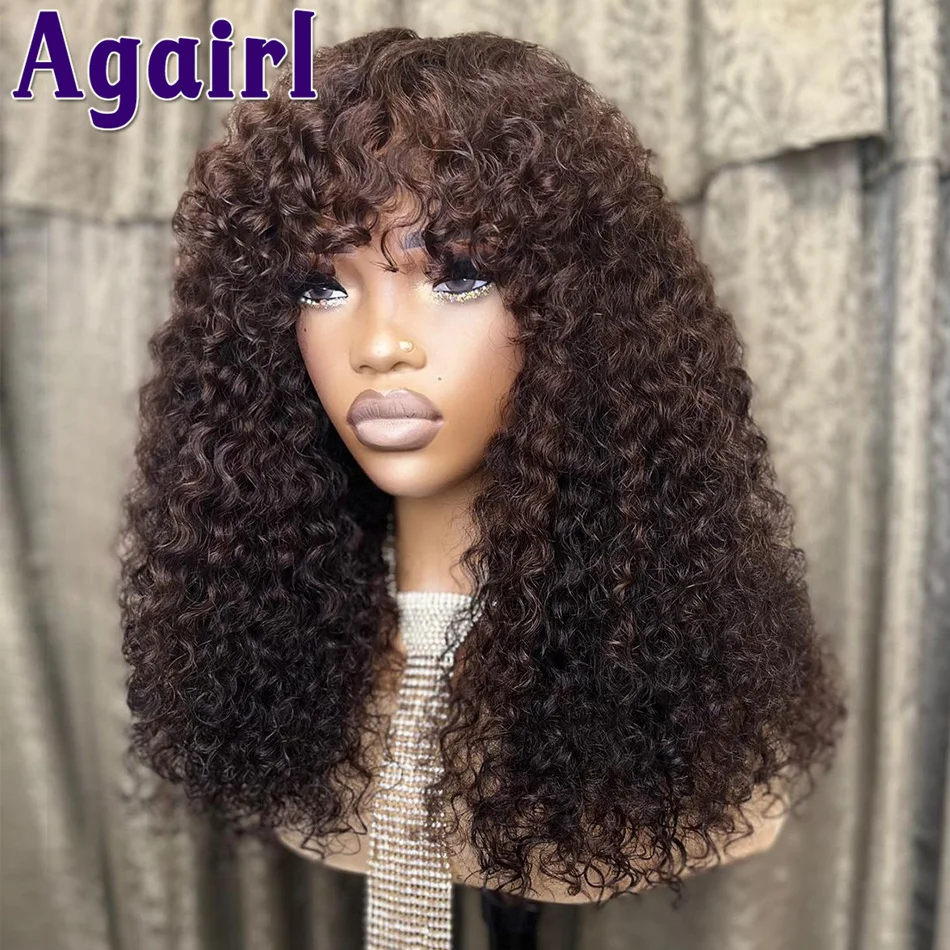 Chocolate Brown 200% Density Curly Human Hair Wigs With Bangs Top Machine Made Fringe Wig Thick Jerry Curly Wigs For Black Women