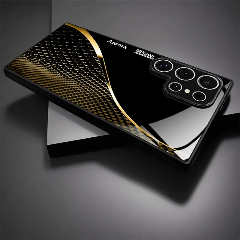 Golden curve with gold scales and black TPU glass phone case, suitable for Samsung S26/S25, S24/S23/S22/S21/S20, etc. models.