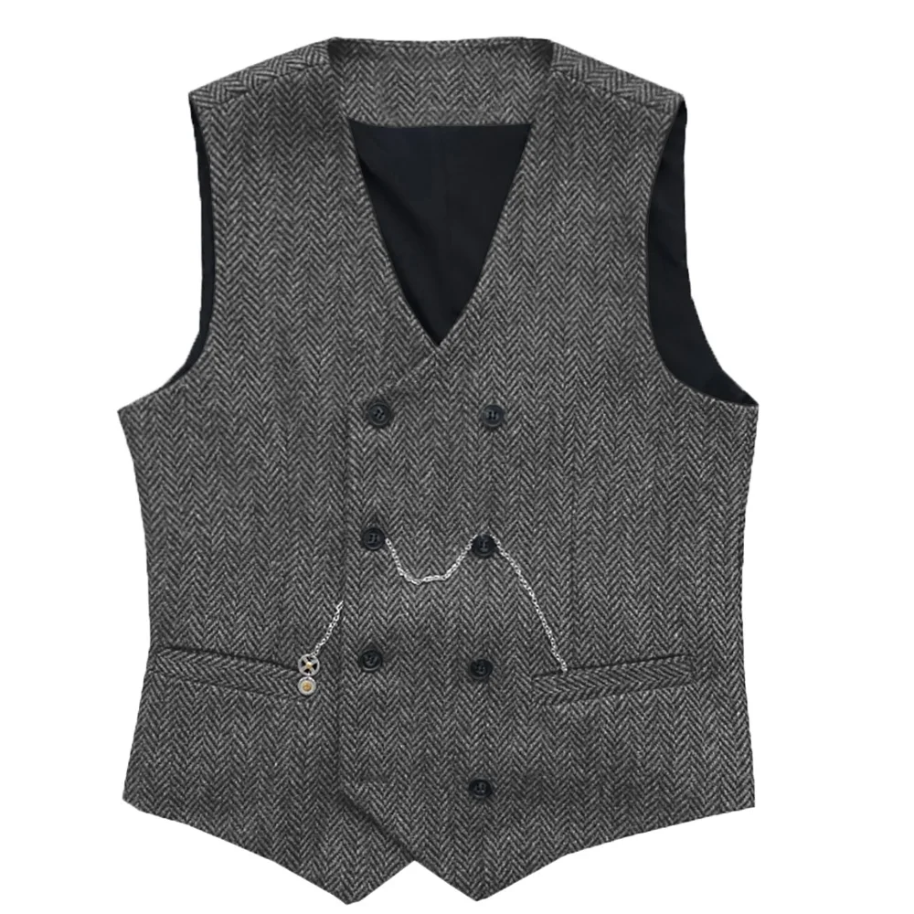 Men Vests Suit Tweed Wool Double-Breasted Waistcoat Brown Black For Groomsman Wedding