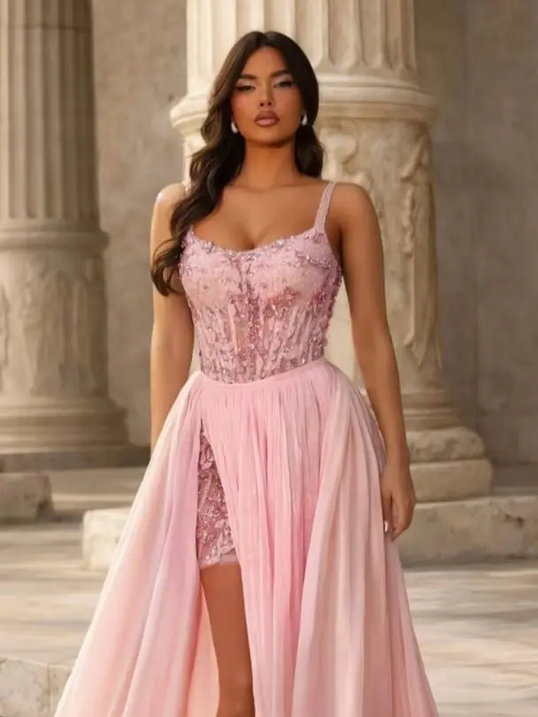 

Элегантное светло-розовое короткое платье на бретельках с бисером и длинным шлейфом, вечернее платье для вечеринок, модель 2026 года, для гостей на свадьбу.