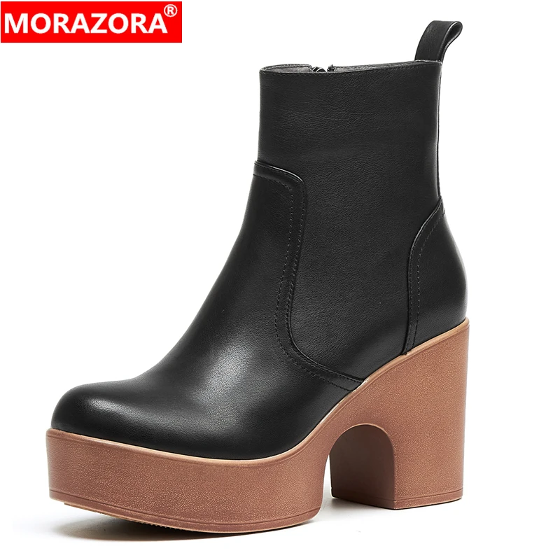 

MORAZORA 2025 New Genuine Leather Boots Women Autumn Winter Zipper Square High Heels Round Toe Platform Ankle Boots Ladies Shoes