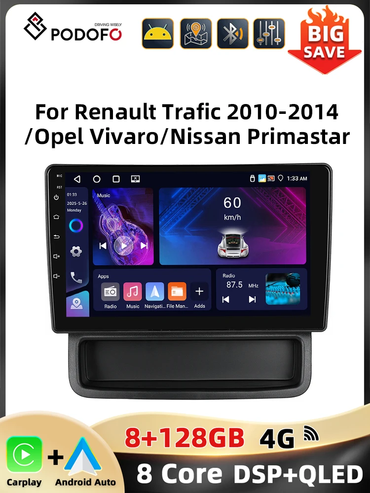 Podofo 10.1 ''8 Core Car Audio For Renault Trafic 2010-2014/Opel Vivaro/Nissan Primastar Carplay Android Auto Qualcomm DSP RDS - afbeelding 2