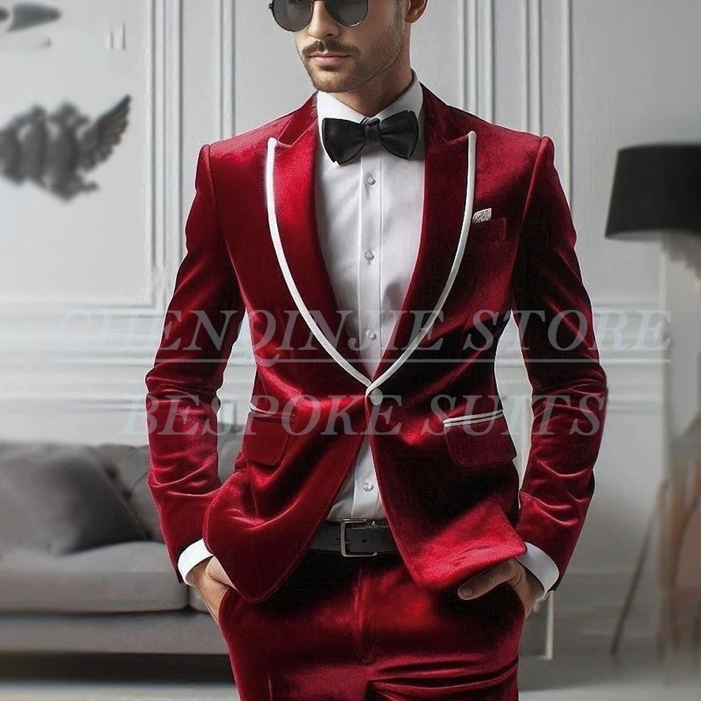 

Elegant Men's Suits Red Velvet 2 Piece Jacket Pants Sets One-Button Peak Lapel Slim Fit Male Clothing Slim Fit Outfits Costume