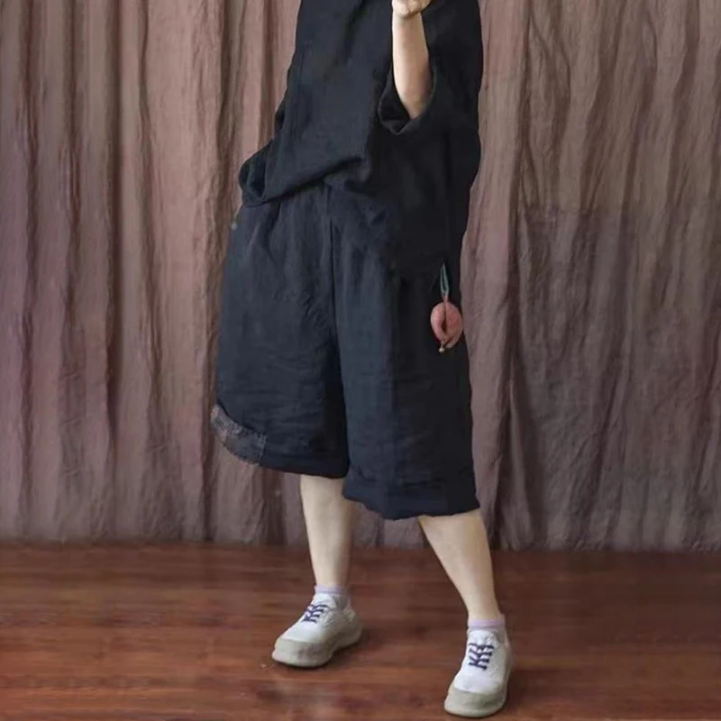 Pantaloni corti da donna in lino di cotone oversize con toppa stile etnico retrò Pantaloncini da spiaggia casual a vita alta estivi