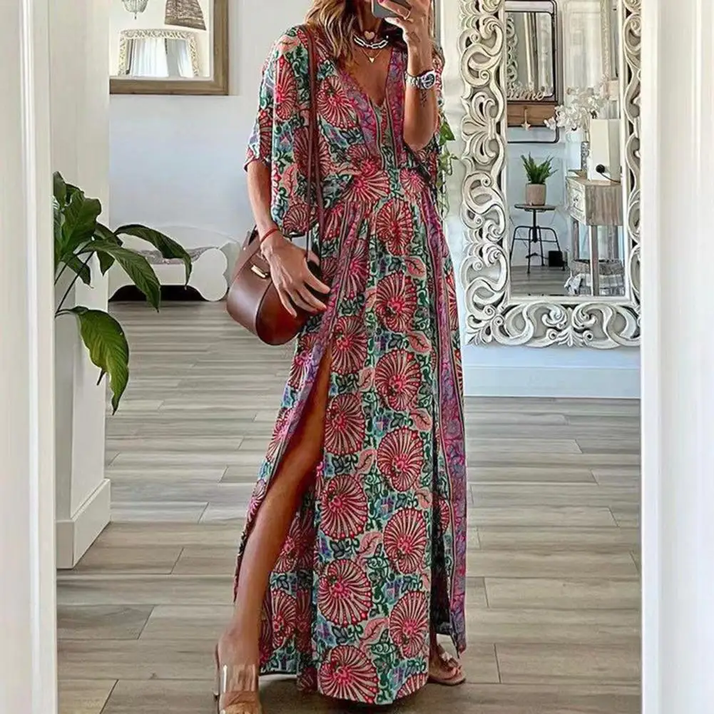 

Printed Maxi Dress Ladies Maxi Dress Vintage Print Maxi Dress Elegant Half Sleeves V Neck Colorfast Fabric for Women's Summer