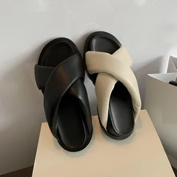 Women’s Slipper Open Toe Flats Sheepskin Ladies Summer Shoes Outdoor Beach Slides With Heel 4.5cm Woman Casual Sandals Slippers