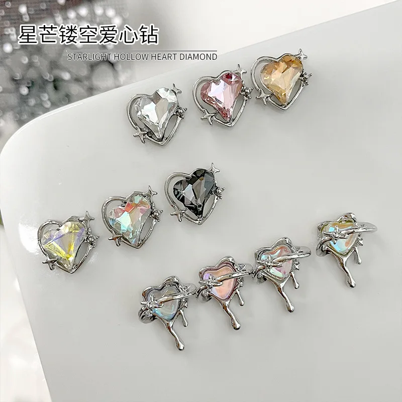 10PCS Luxury Sparkle Magic Colorful Love Gem Hollow Heart Asterism Alloy Nail Art Rhinestones Gems Manicure Ornaments Suppliers