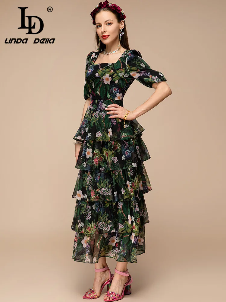 Imagem -03 - Linda Della Novo 2023 Verão Moda Feminina Vintage Gola Quadrada Vestido Longo Cintura Alta Floral Impressão em Cascata Plissado Vestido ld