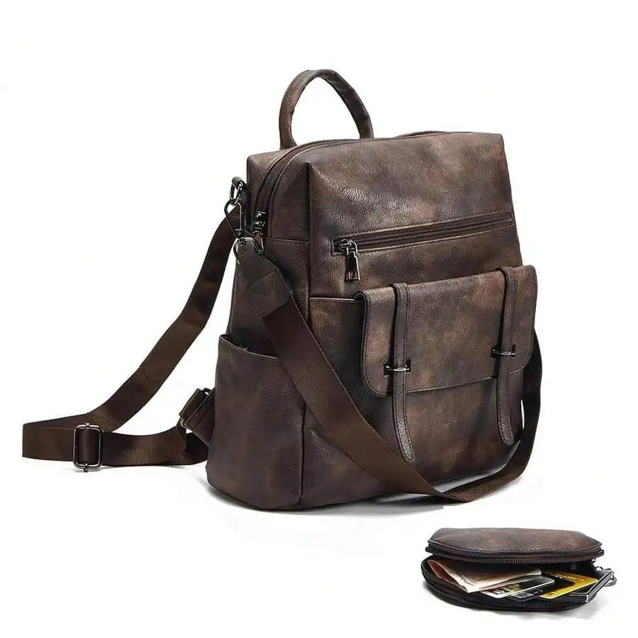 Women Fashion Vintage Brown PU Leather Laptop Backpack 15.6 Inch Casual Daypack With Wristlet