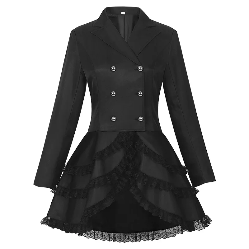 Women Lace Trim Lace-up High Low Coat Black Steampunk Victorian Style Gothic Jacket Medieval Noble Court Dress