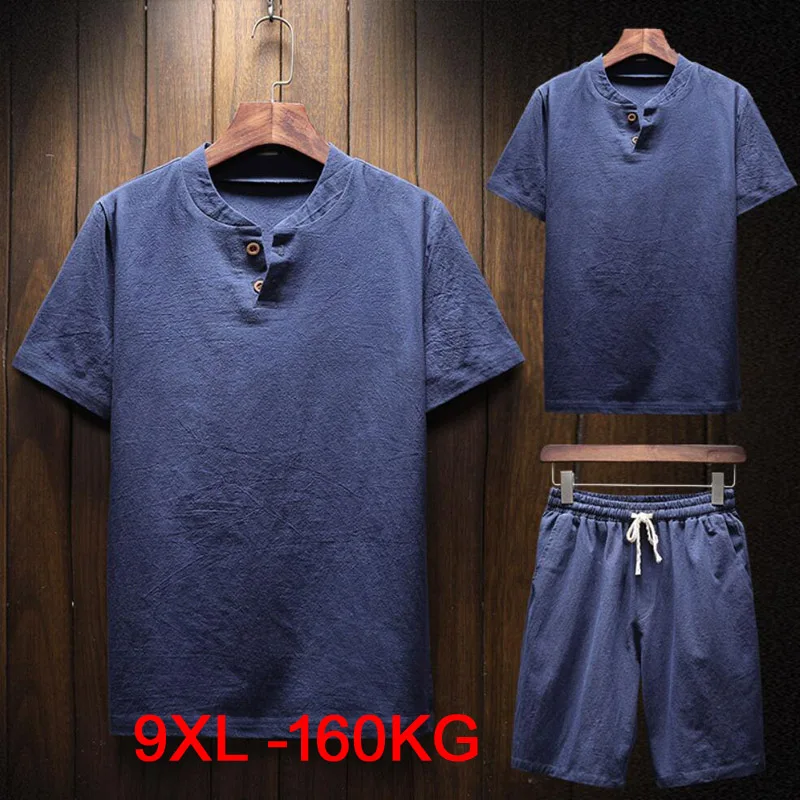 duży rozmiar 7XL 8XL 9XL Męska bawełniana lniana koszulka z krótkim rękawem i szorty w stylu japońskim Letnia koszulka oversize vintage z dekoltem w szpic