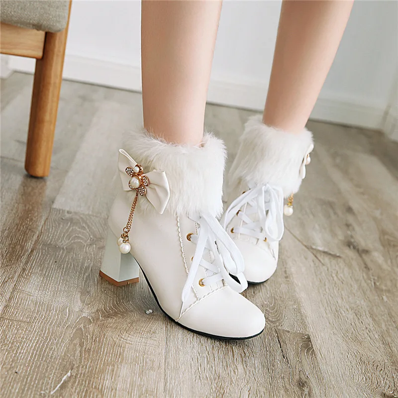 Size29-43Lolita Girls Winter Boots Pink Women Fur Butterfly-Knot Lovely Ladies High Heel Short Boots Cosplay Party Wedding Shoes