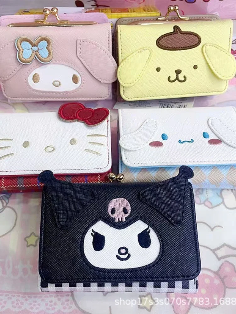 Sanrio Hello Kitty sac Kawaii cannelle ma mélodie Kuromi décontracté mode portefeuille en cuir PU mignon pliant sacs à cartes cadeaux d'anniversaire